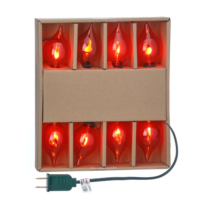 Set of red light bulbs in a cardboard box with a power cord on a white background
