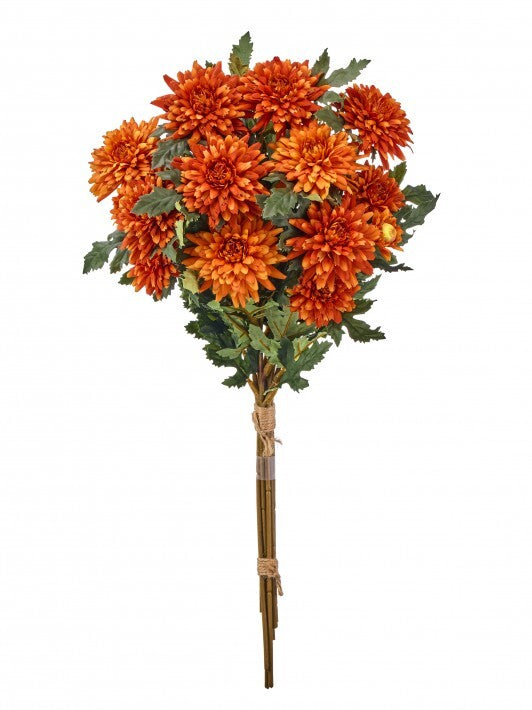 An artificial autumn flower bouquet featuring vibrant orange chrysanthemums with green leaves and brown stems, wrapped with twine at the base, shown against a plain white background.