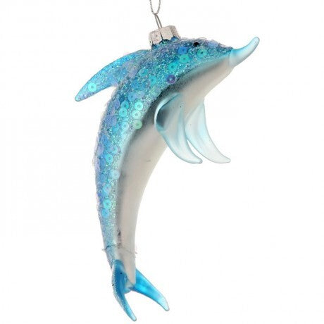 A glittery blue dolphin Christmas ornament with a silver hanging loop, shown against a plain white background.