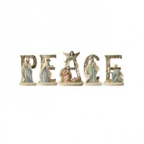 Decorative nativity scene letters spelling 'PEACE' on a white background