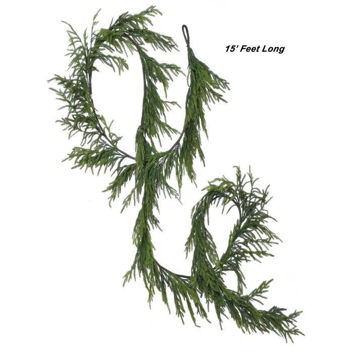 Artificial green garland with a length of 15 feet on a white background