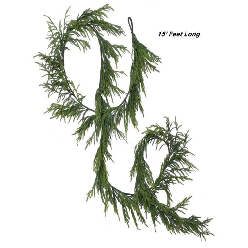 Artificial green garland with a length of 15 feet on a white background