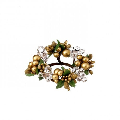 Decorative wreath with gold berries and green leaves on a white background