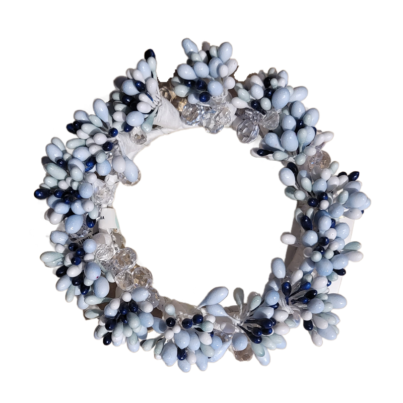Decorative wreath with white and blue flowers on a transparent background
