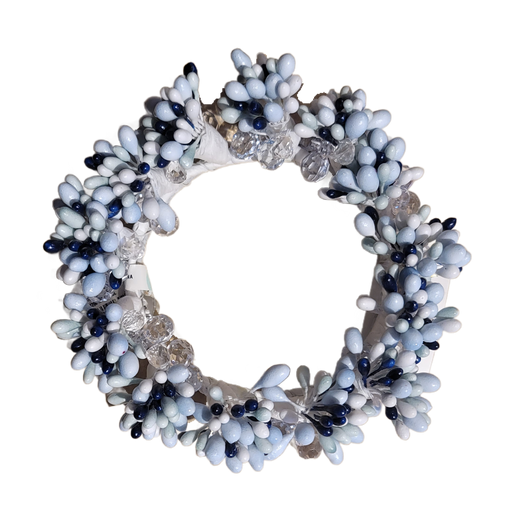 Decorative wreath with white and blue flowers on a transparent background