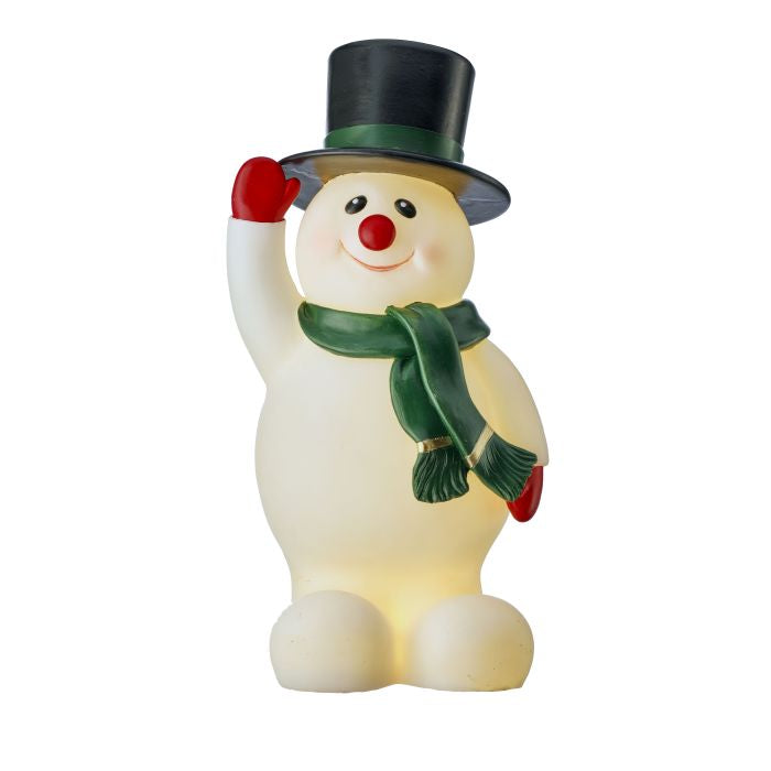 Light-up snowman figurine with a black top hat, green scarf, and red gloves on a white background