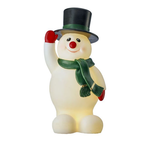 Light-up snowman figurine with a black top hat, green scarf, and red gloves on a white background
