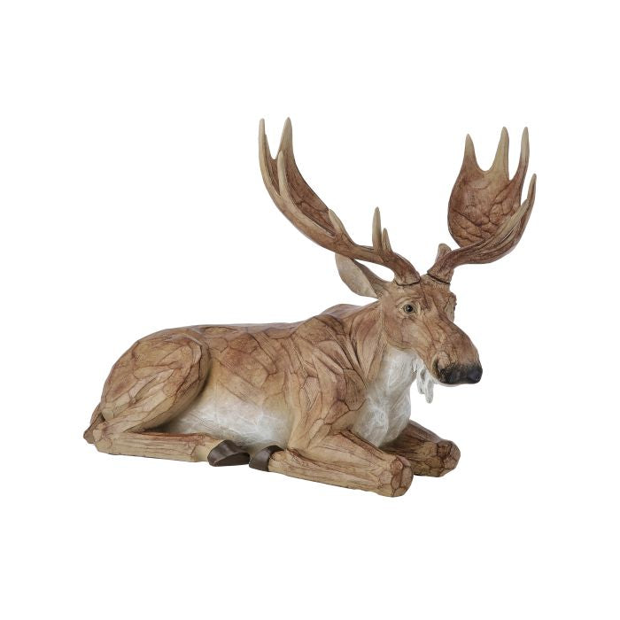 Wooden deer figurine with large antlers on a white background