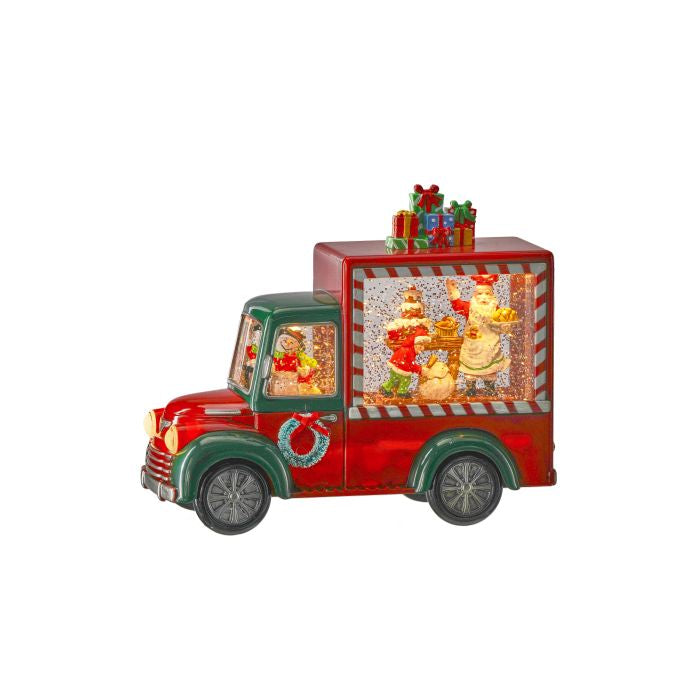 Decorative Christmas truck with animated figures and presents on a white background