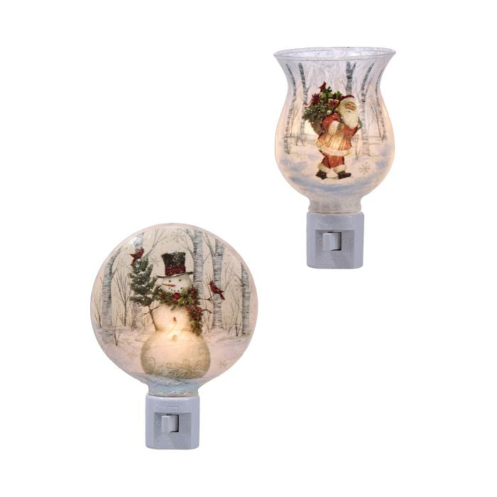 Two Christmas-themed night lights on a white background