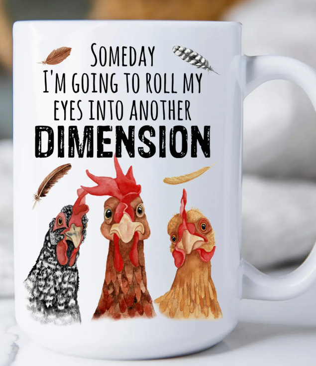 Mug with cartoon chickens and humorous text on a white background