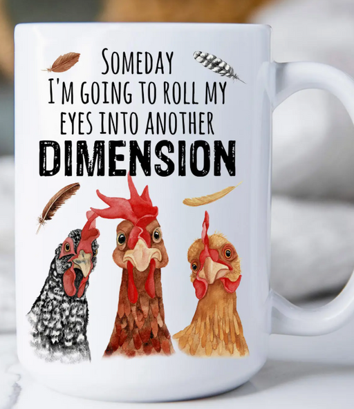 Mug with cartoon chickens and humorous text on a white background