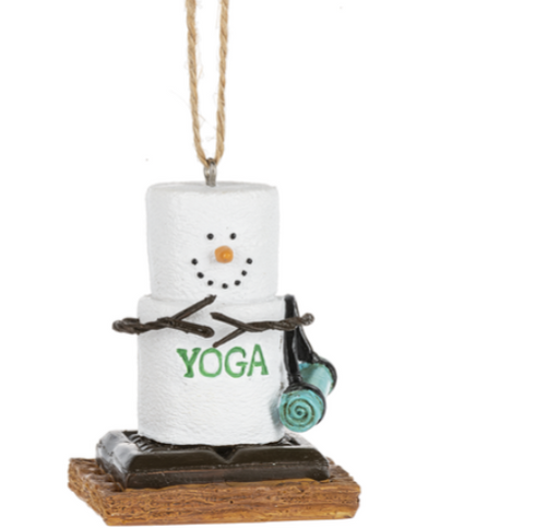 Decorative ornament shaped like a marshmallow with 'Yoga' text, on a white background