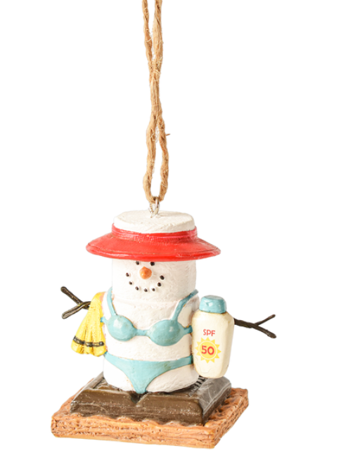 Decorative snowman ornament with a red hat, bikini, and sunblock bottle on a white background