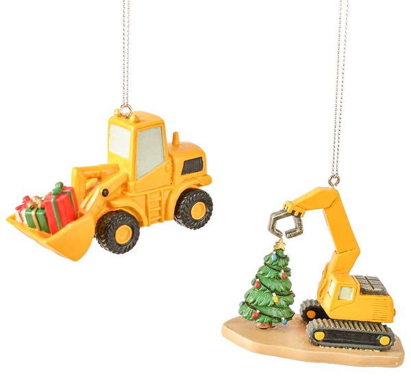 Two holiday ornaments featuring a yellow pave loader and excavator with Christmas decorations, including a Christmas tree and presents.
