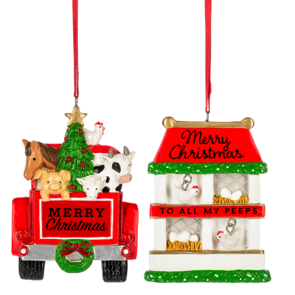 Red Truck & Chicken Coop Ornaments - Merry Christmas - 2 Styles