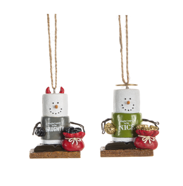 Two Christmas-themed ornaments resembling marshmallows with candy accents on a white background.