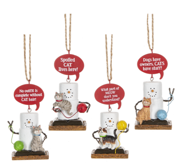Set of four Christmas ornaments featuring snowmen with cats and dogs, each with humorous text.