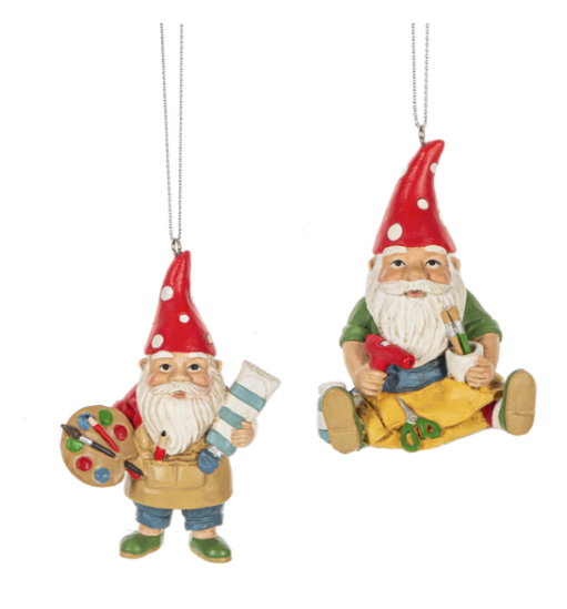 Two decorative gnomes with red hats, one holding a paint palette and brush, the other with tools, on a white background.