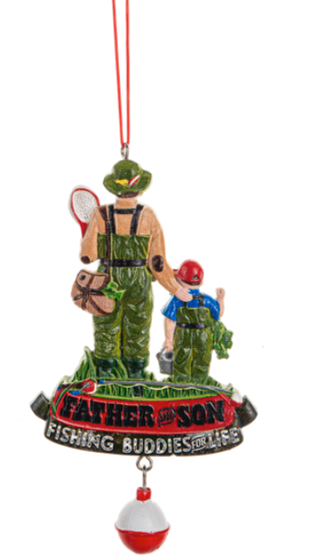 Fishing ornament with father and son figure and 'Father and Son Fishing Buddies for Life' text.