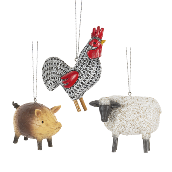 Sheep, Rooster, & Pig Ornaments - 3 Options