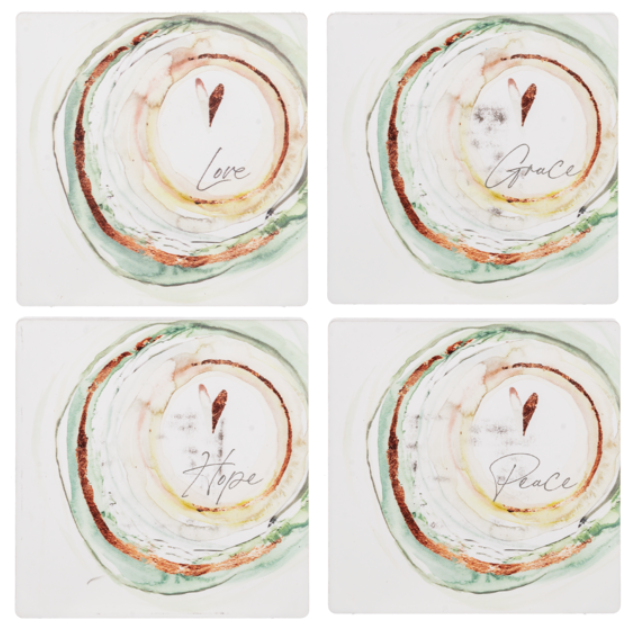 Four circular artworks with text 'Love', 'Hope', 'Peace' on a white background