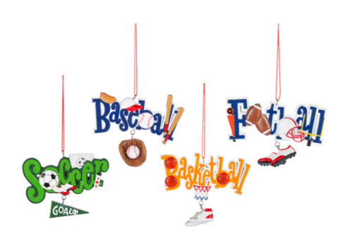 Decorative ornaments with sports-themed text and graphics on a white background