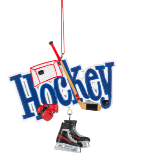Hockey-themed ornament with 'Hockey' text, hockey stick, and skates on a white background.