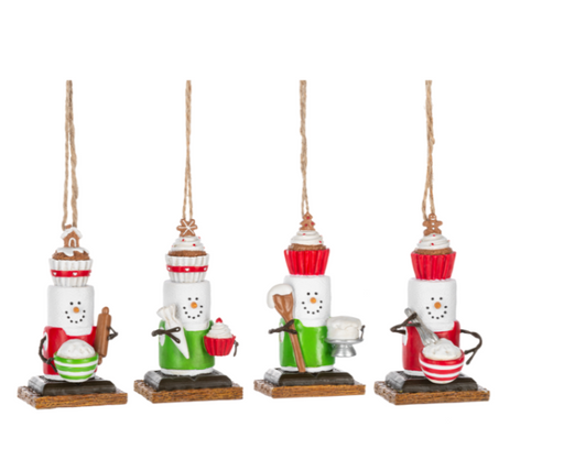Set of four Christmas-themed snowman ornaments on a white background