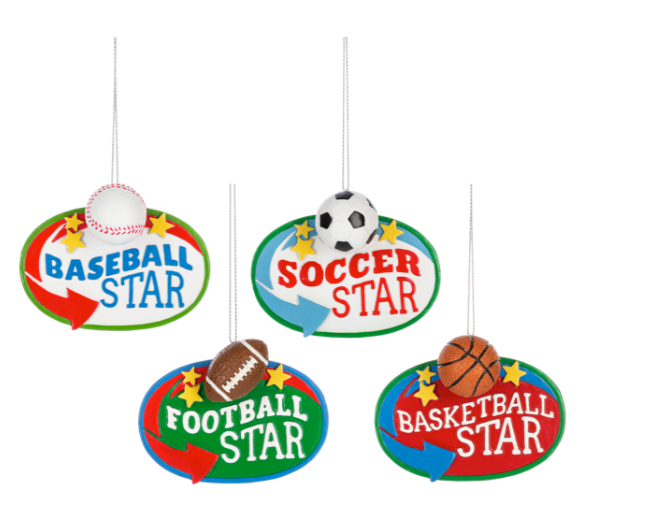 Decorative hanging signs for 'Baseball Star', 'Soccer Star', 'Football Star', and 'Basketball Star' with sports balls on a white background.