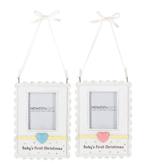 Two white baby photo frames with heart decorations and 'Baby's First Christmas' text on a white background.