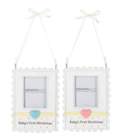 Two white baby photo frames with heart decorations and 'Baby's First Christmas' text on a white background.