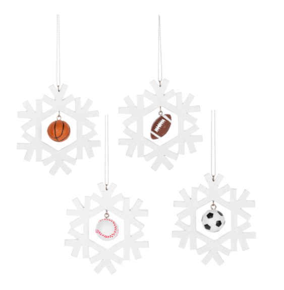 White snowflake-shaped ornaments with sports ball decorations on a white background