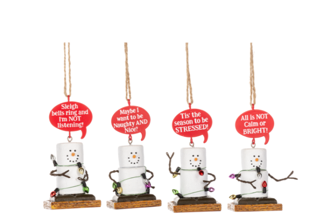 Four marshmallow snowman ornaments with humorous text on red speech bubbles against a white background.