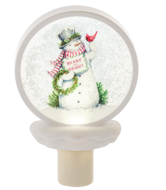 Christmas-themed snow globe with a snowman holding a 'Merry Bright' sign, on a white background.