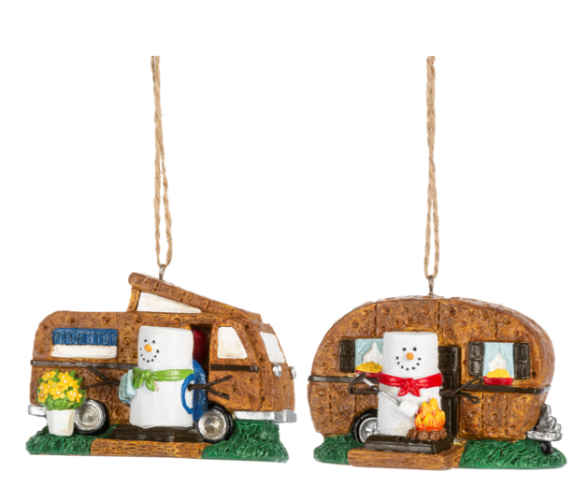 Two Christmas ornaments featuring snowmen in camper vans on a white background