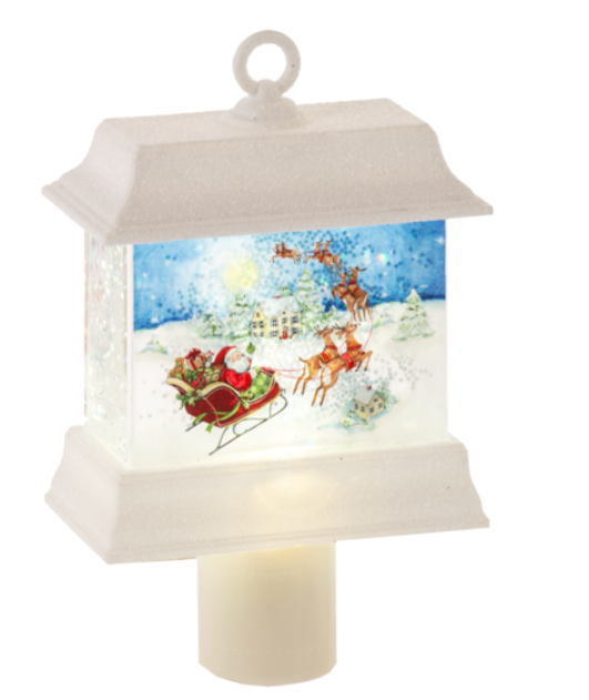 Decorative lantern with a Christmas scene featuring Santa Claus and reindeer on a white background
