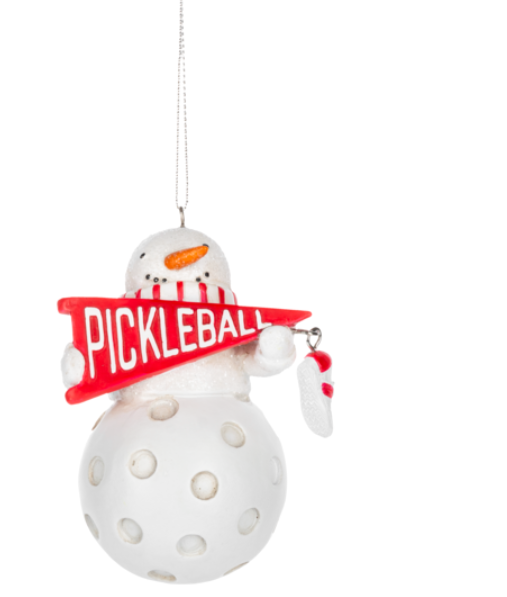 Decorative pickleball ball ornament with a snowman face holding a 'Pickleball' sign on a white background.