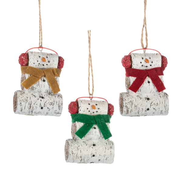 Snowman with Birch Log Ornaments