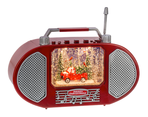 Red vintage-style radio with a Christmas scene inside on a white background
