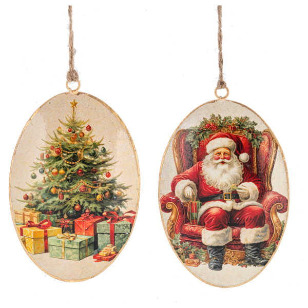Vintage Santa and Tree Disc Ornaments