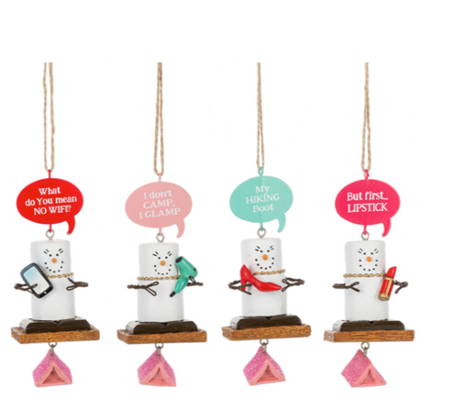 Set of four humorous snowman ornaments with speech bubbles on a white background