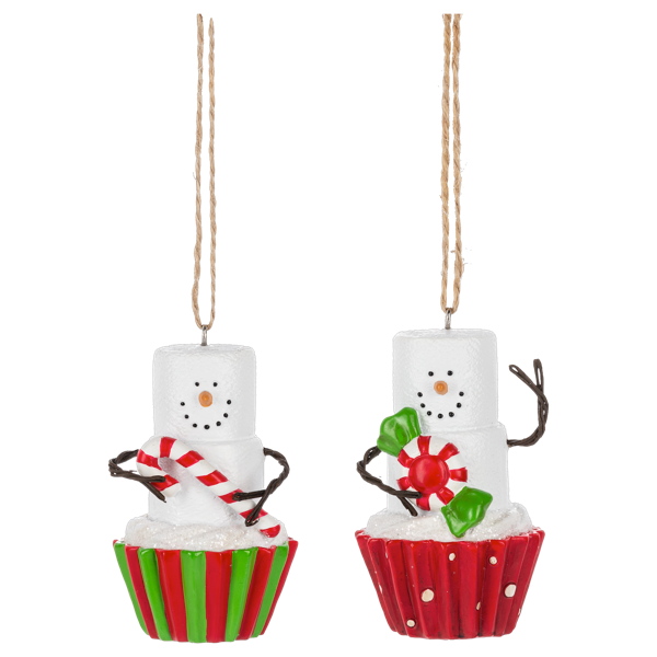 Two marshmallow snowman ornaments in cupcake holders on a white background