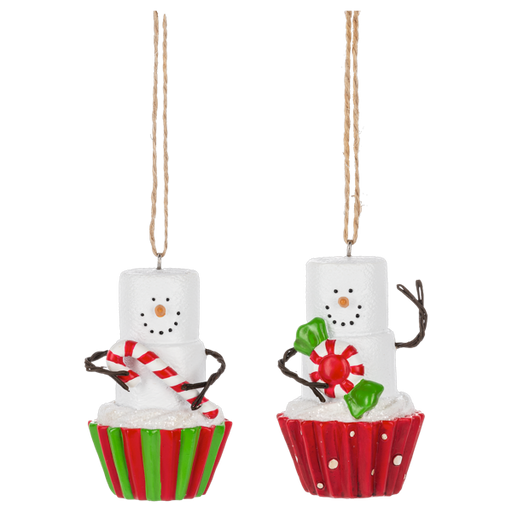 Two marshmallow snowman ornaments in cupcake holders on a white background