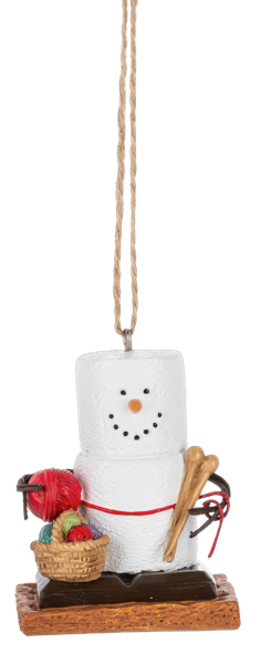 S'mores ornament with a marshmallow character holding a basket of berries on a white background