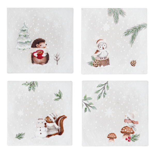 Set of four Christmas-themed coasters with winter animals and decorations on a white background.