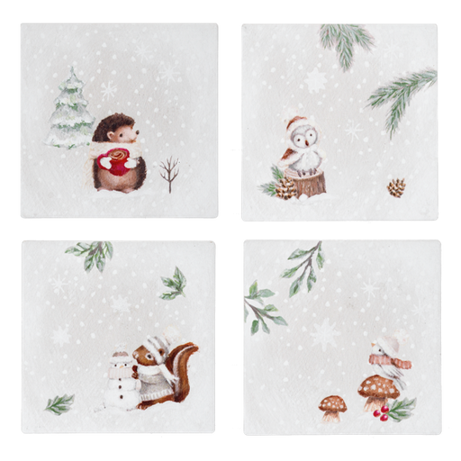 Set of four Christmas-themed coasters with winter animals and decorations on a white background.