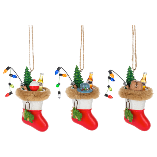 Three Christmas stocking ornaments with beer bottles, trees, and lights on a white background