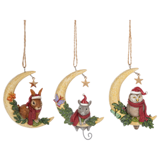 Set of three decorative Christmas ornaments featuring animals on crescent moons.