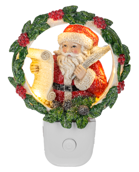 Decorative night light featuring a Santa Claus figure in a wreath with berries on a white background.